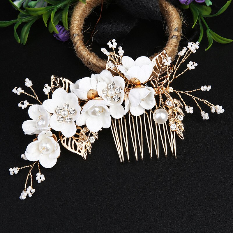 Nowy złoty liść kwiatowa do włosów grzebień spinka do włosów spinka do włosów Rhinestone Crystal Pearl kobiety eleganckie ślubne stroik Party biżuteria prezenty: 3
