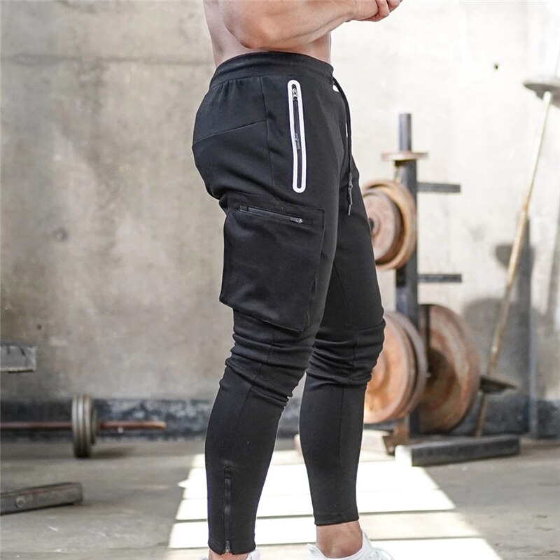 Kamouflagebyxor herr träningsbyxor man casual skinny träningsbyxor dragkedja byxor med dragsko: L / Svart