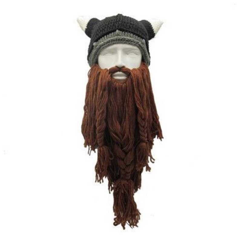 Newest Personality Crazy Winter Warm Cosplay Wig Ski Mask Caps Viking Beard Hat Barbarian Beanie Beard Hats: Brown