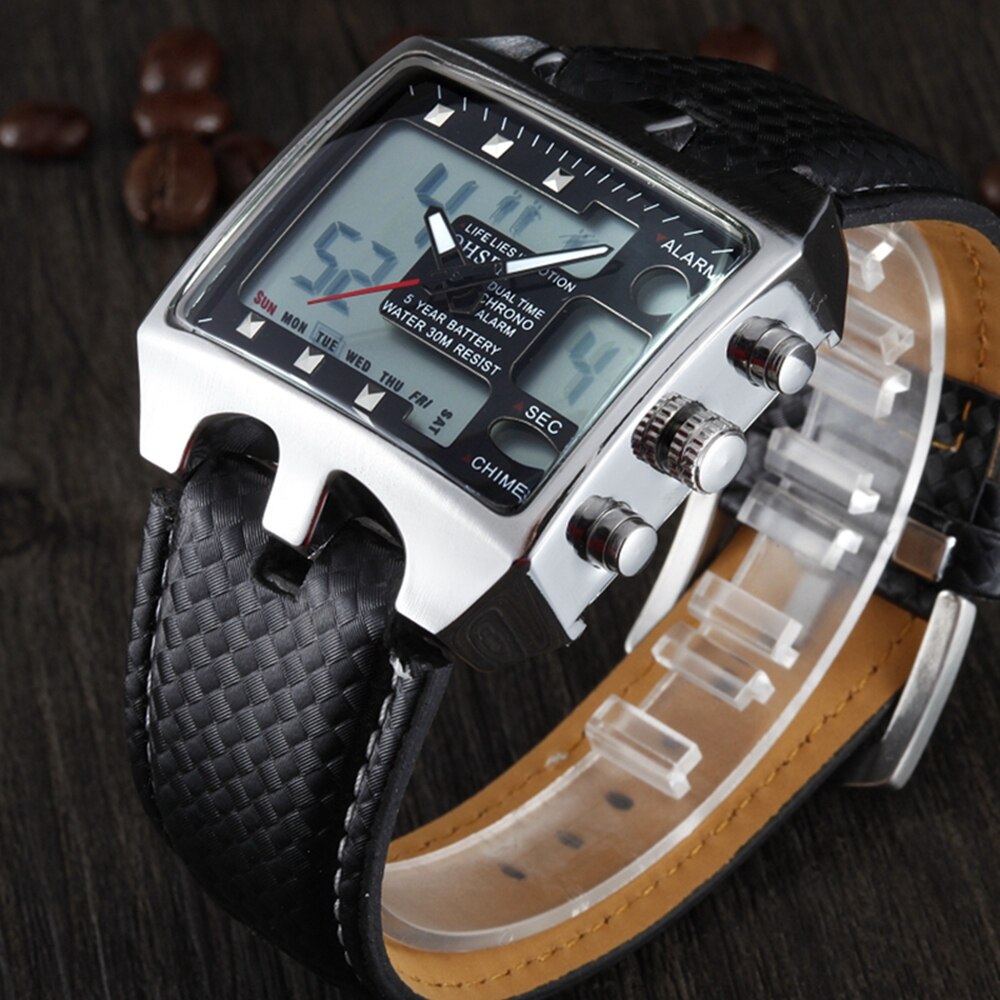 OHSEN digitale LCD Männer Jungen Armbanduhr lederband 30M Wasserdicht Schwarz Sport Armee Uhren Alarm Hand Uhren