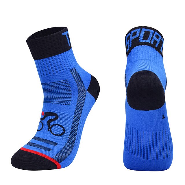 Unisex utendørs sykkelsokker menn sport sykkelsokker damer pustende mtb sokker: Blå / M (størrelse 35-38)
