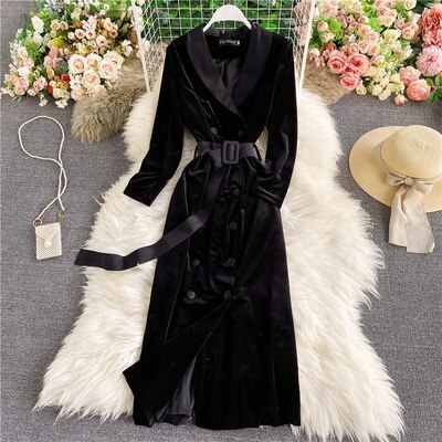 Black Velvet Trench Coat Women Double Breasted Belt Lapel Long Trench Coat Autumn Winter Womens Slim Windbreaker: S