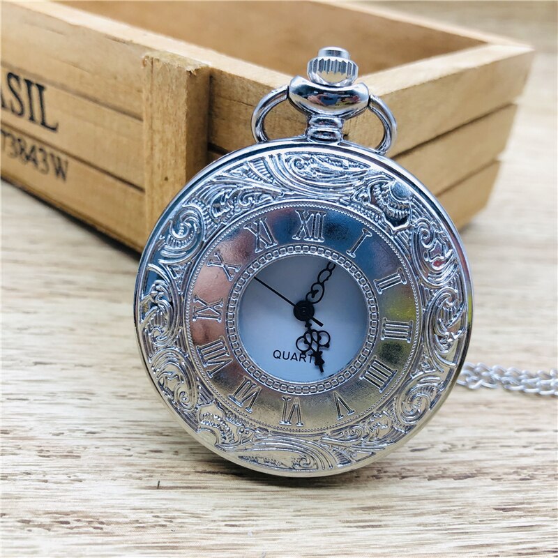 Steampunk Romeinse Cijfers Zakhorloge Mannen Vrouwen Hollow Case Vintage Fob Pocket Horloges Met Hanger Ketting Cep Saati: silver white