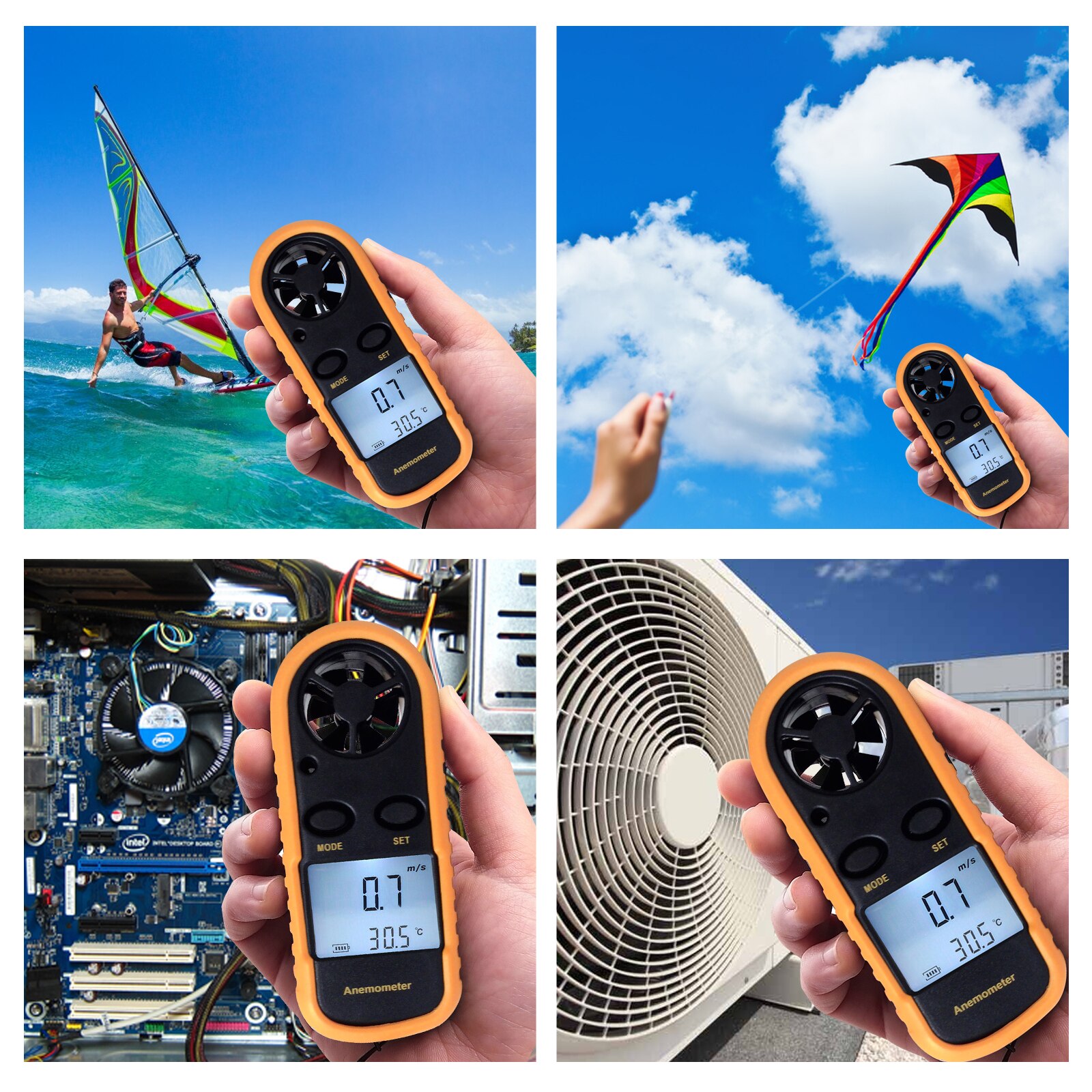 2-in-1 Mini Digital Anemometer Thermometer Air Wind Flow Speed Meter Bar Graph Beaufort Wind Scale Celsius or Fahrenheit