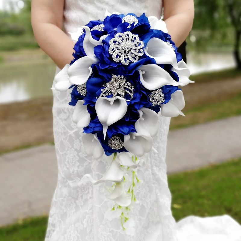 Royal Blue Wedding Bouquet Bridal Bouquet Wedding Flowers Artificial Pears Rhinestone White Calla Lilies Ramos de novia: Default Title