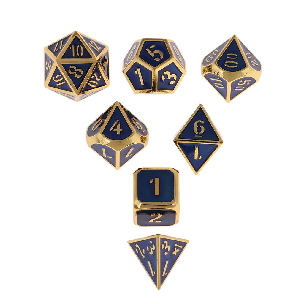 7Pcs Multi-sided Dice Set D&amp;D Dice Game zinc alloy Polyhedral Dice Solid Metal 7-Piece RPG Dice Set: Golden-royal blue