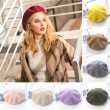Béret en laine pour femme, chapeau rond, épais et , plusieurs couleurs unies, collection hiver
