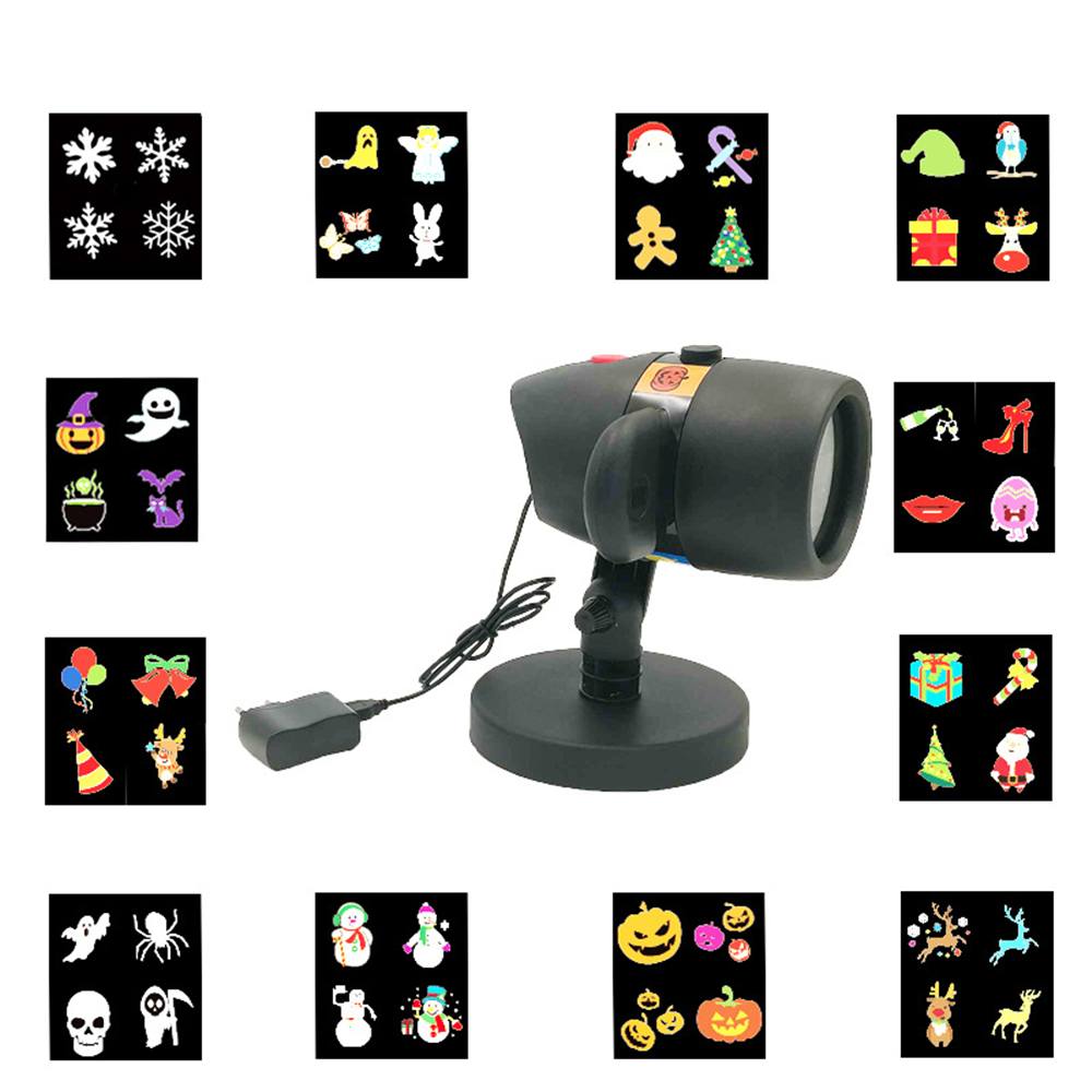 LED Slide Show Projector Lamp USB Outdoor 12 Patterns Snowflake Christmas Halloween Projection Light for Home Decor Party