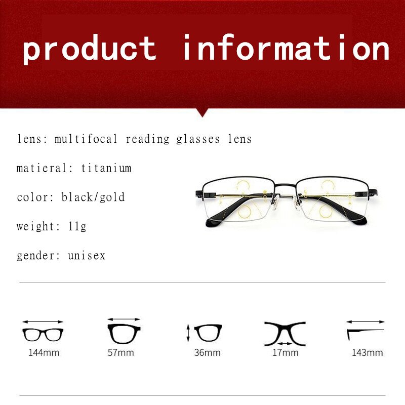 Titanium half montuur metalen progressieve leesbril heren multifocale anti-blauw licht presbyopische bril legering dames gafas  +1.5