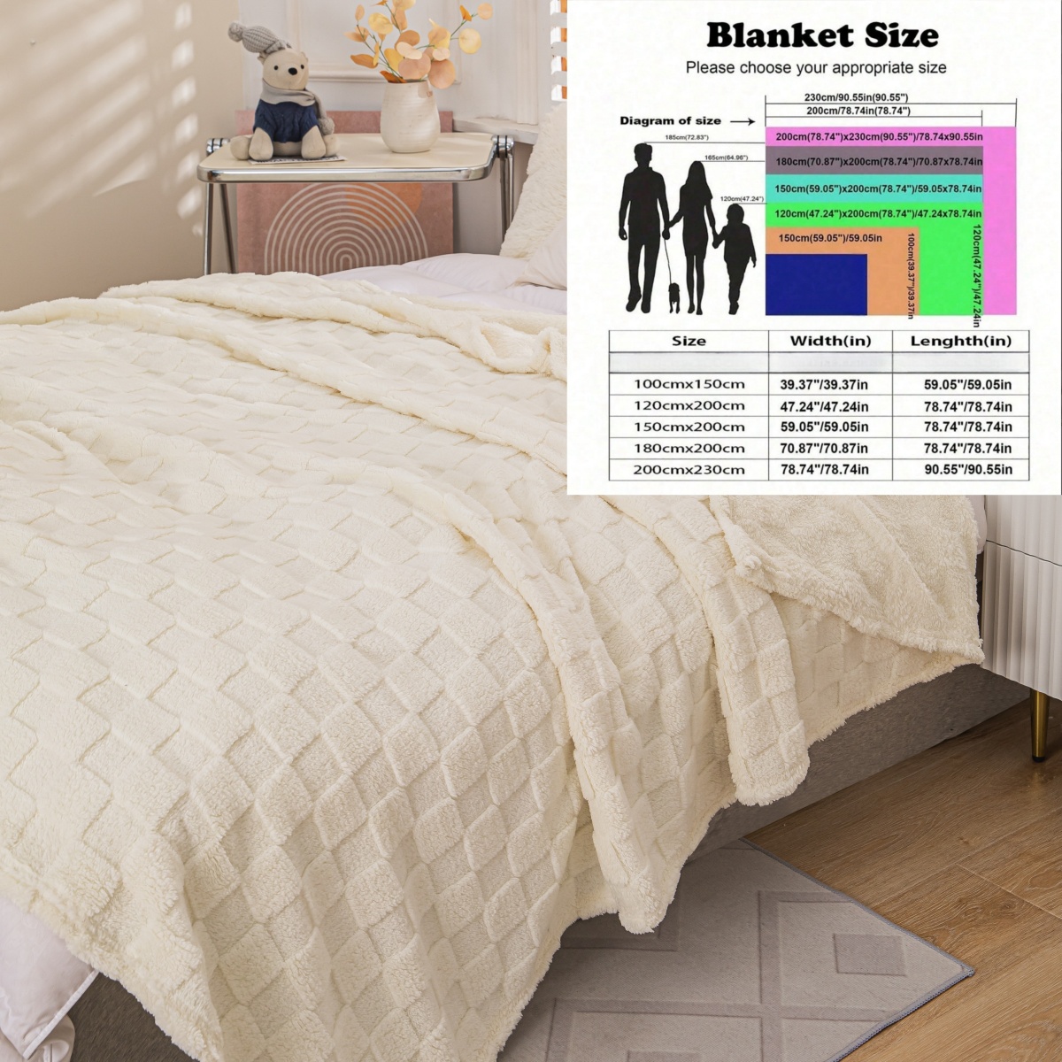 Coperta da tiro grigio pallido a quadretti in morbido mucchio di peluche - Coperta da divano da viaggio Boho accogliente per esterni a grandezza naturale, tiro con struttura cialda: 180x200cm / Avorio