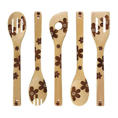 Juego de pala antiadherente de bambú para cocina, cuchara gruesa resistente al calor, 5 piezas: 2