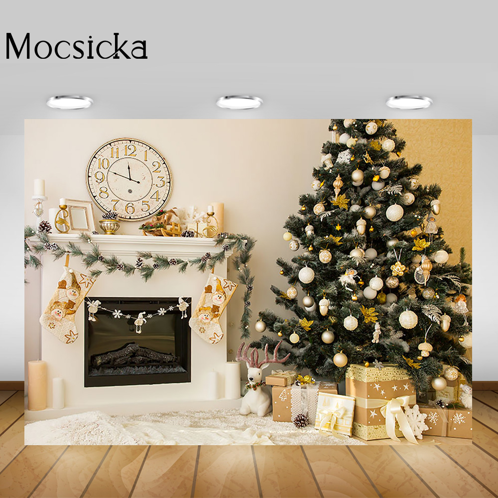 Christmas Tree Winter Portrait Background Photography Fireplace Clock Family Living Room Party Backdrop Socks Photocall