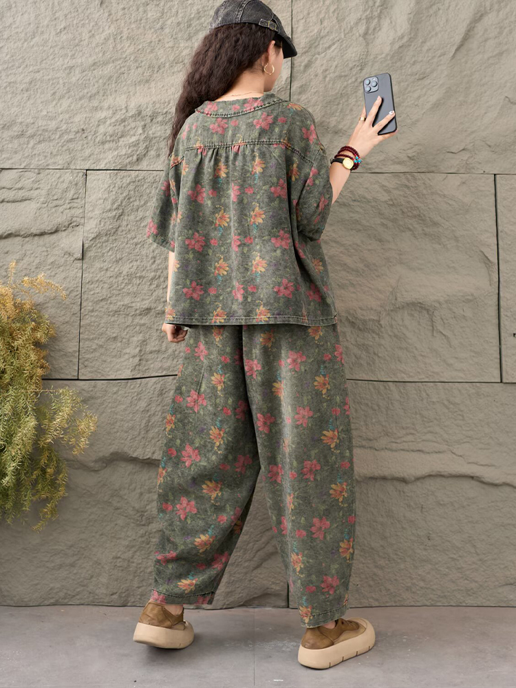 AmaxluluE, trajes vaqueros estampados de verano para mujer, conjuntos de 2 piezas florales sueltos, conjunto de , Tops con cuello redondo, camisetas, pantalones vaqueros informales, pantalones clásicos