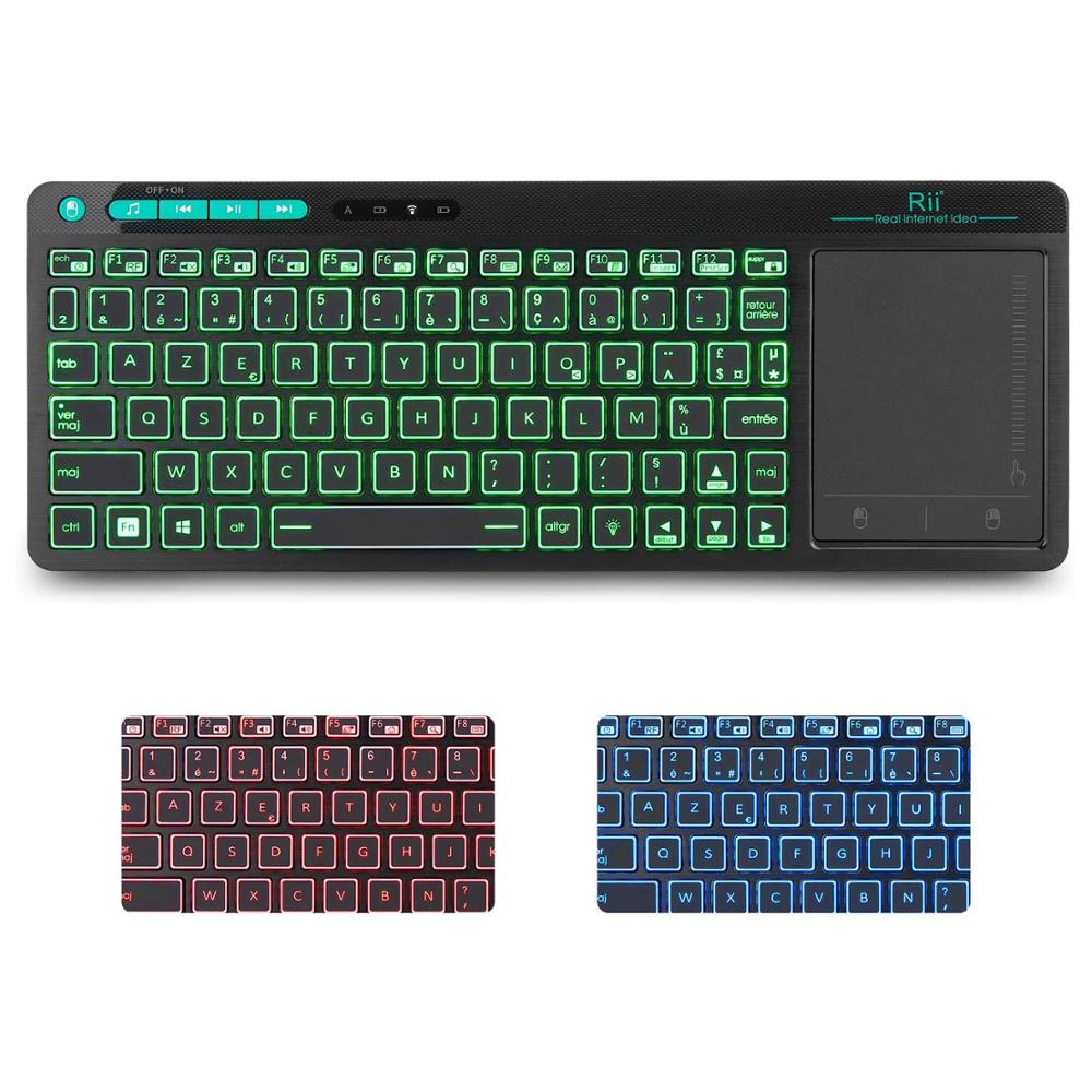Rii K18 Plus Wireless Multimedia French AZERTY Keyboard 3-LED Color Backlit with Multi-Touch for TV Box,PC