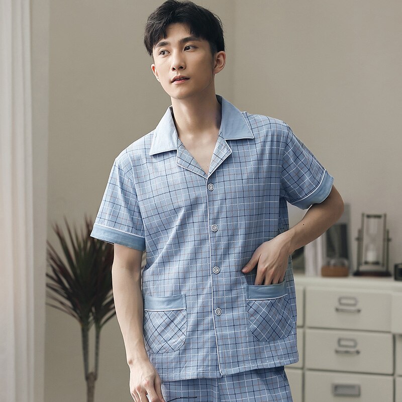 Pijamas de verano para hombre de manga corta con botones, conjunto de Pijamas de algodón para hombre, Conjunto de pijama a cuadros, Conjunto de pijama , trajes de pijama para hombres