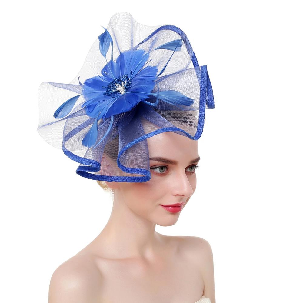 Sombrero de malla de plumas Fascinator para mujer, , diadema de flores grandes, Clip, boda, novia, de té, iglesia, novedad de: Azul