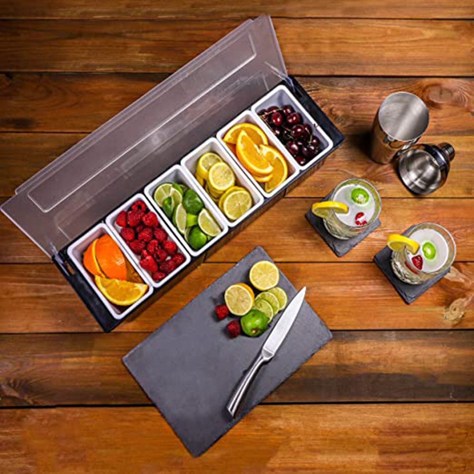 Kitchen 6 Compartment Seasoning Case Bar Condiment Box Holder Bar Drinks Fruit Garnish Cocktail Decorative Box Party Fruit Box