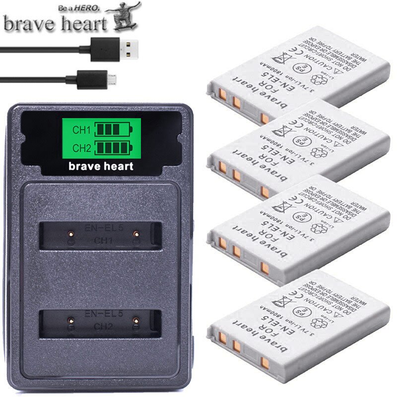 4 stk 1800 mah en -el5 enel 5 en el5 batteri + usb dobbelt oplader til nikon kamera coolpix  p80 p90 p100 p500 p510 p520 kamera: Oplader og 4 batterier