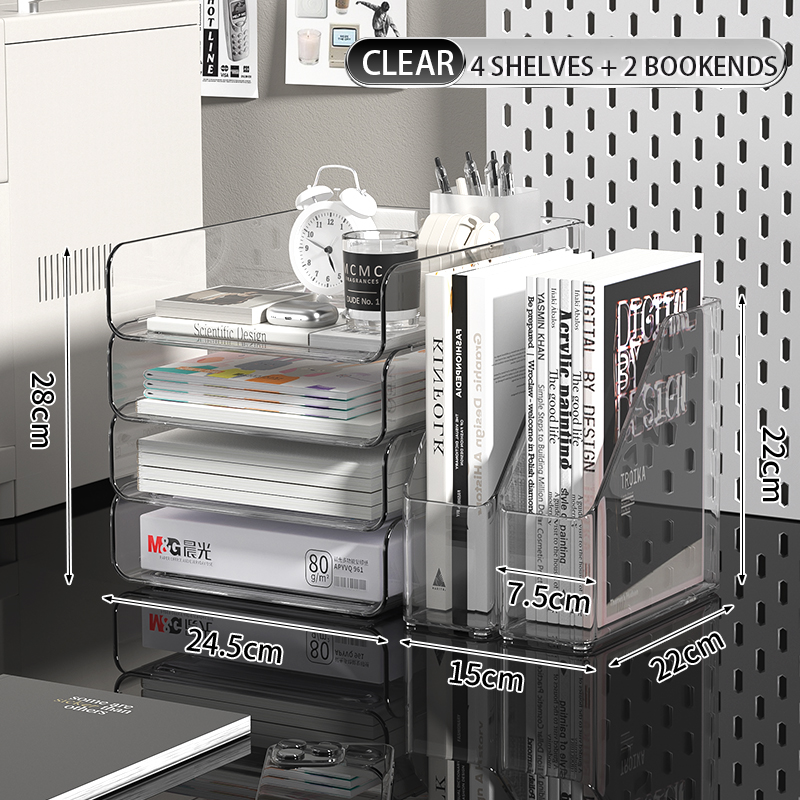 Desk Organizer with 2 Vertical File Holder, 4 Tier Stackable Paper Letter Tray File Organizer with Pen Holder,Desk Organizer: Pink