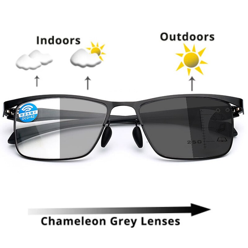Transition Photochromic Progressive Reading Glasses Men Multi-Focus Anti Blue Ray UV400 Women Computer Hyperopia Spectacles: +250 / Black Full frame