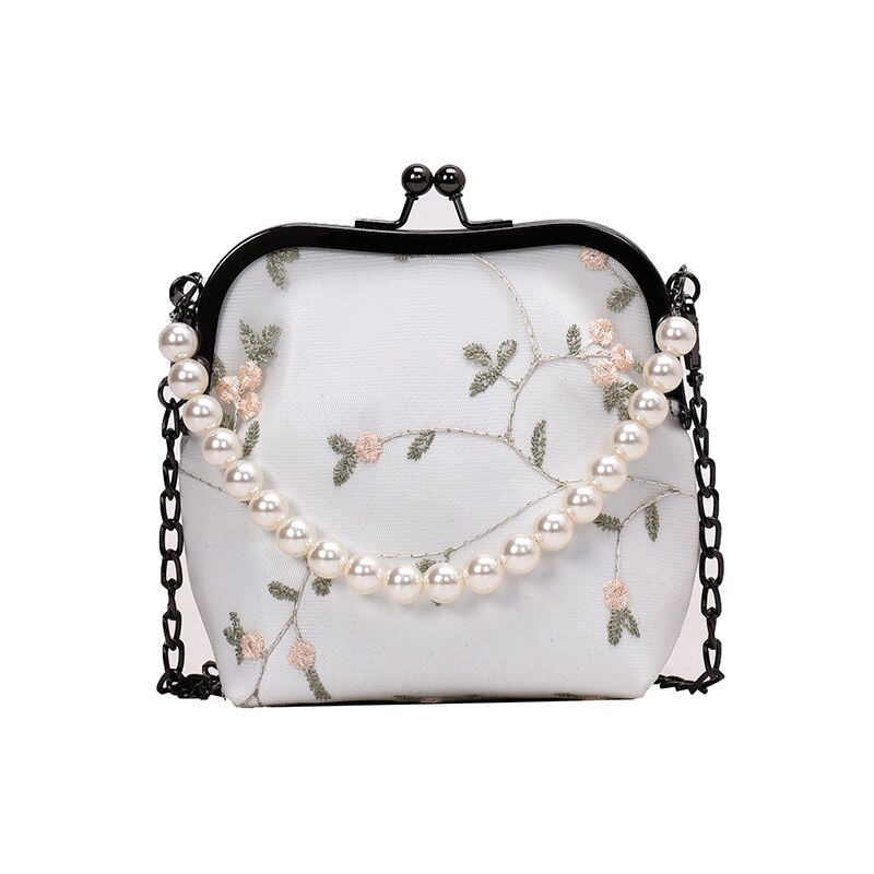 Groothandel dames handtas messenger bags schelpentas kleine tas vrouwelijke bloemen zomer handtas parelketting schoudertas messenger bag: Wit