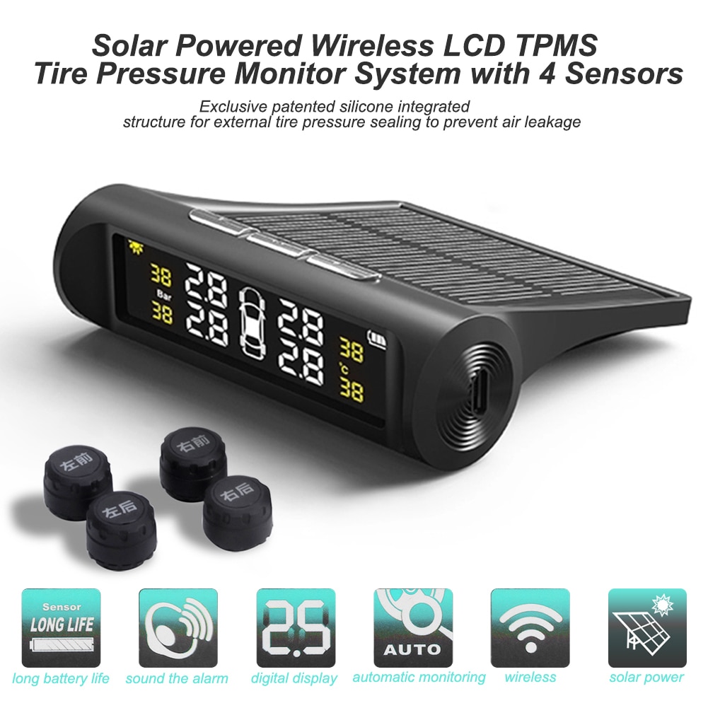 Smart Car TPMS Tyre Pressure Monitoring System Solar Power Digital LCD Display Auto Security Alarm Systems Tyre Pressur