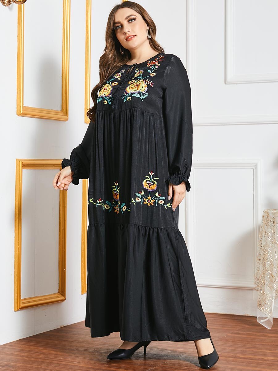 Women Floral printed Muslim Long Dress Long Sleeve Floor Length Evening Party Islamic Dress