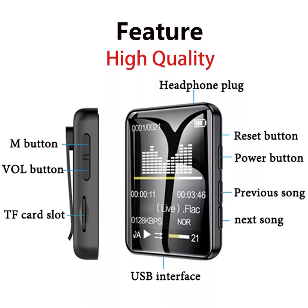 MP3 Player Bluetooth 5.0 Full Screen Walkman Portable Sport Music Player Mp4 Video Player with FM E-book Recorder Mp3 Player