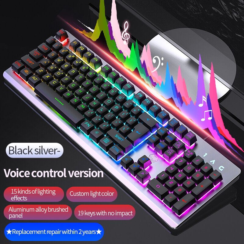 Metal Panel Mechanical Feel Gaming Keyboard USB Wired Voice Control Rainbow Backlit Keyboard for Desktop Computer Laptop Gamer