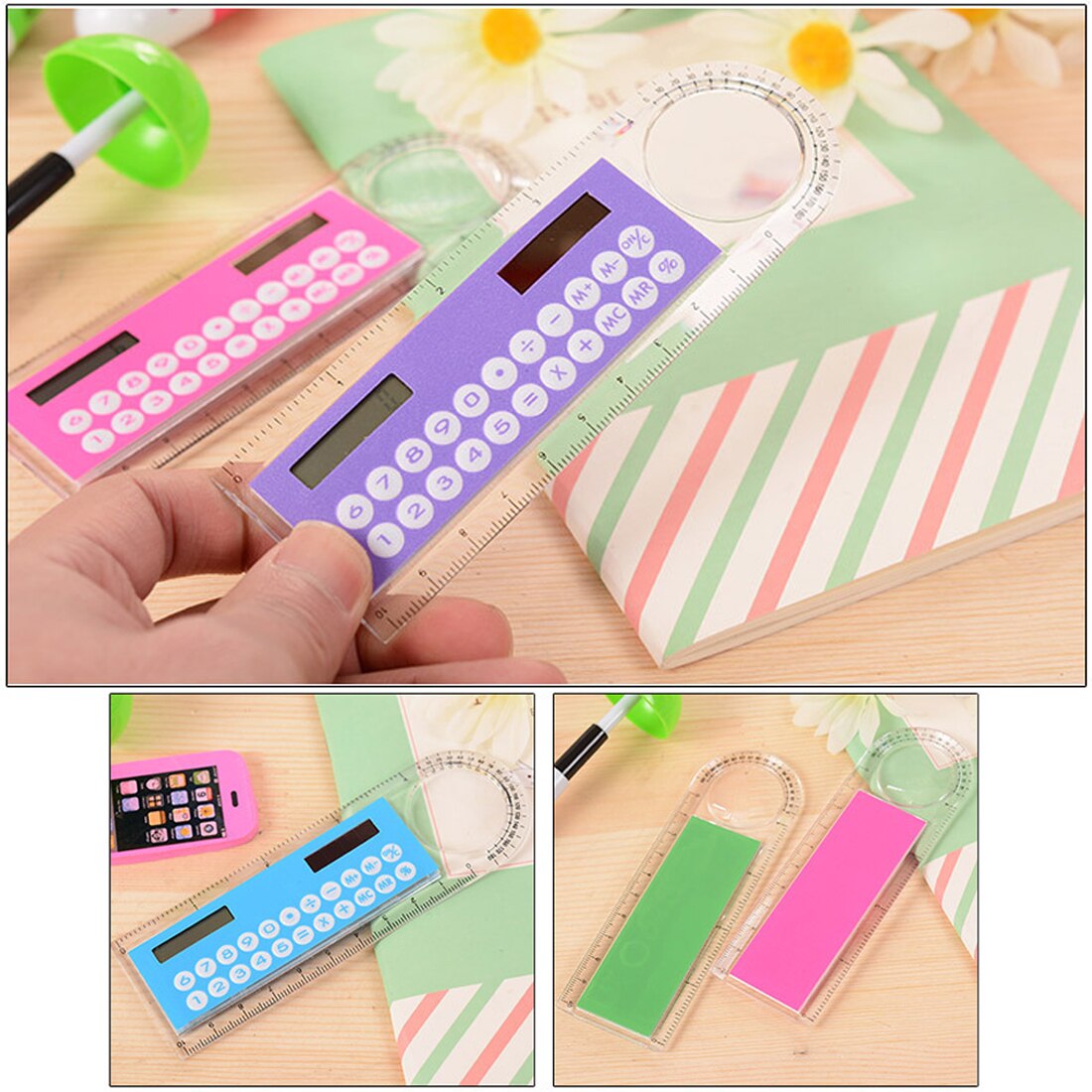 Solar Mini Calculator Magnifier Multifunction 10cm Ultra-thin Ruler Calculadora Office Student Stationery Supplies