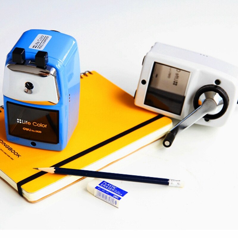 Deli 0620 Sacapuntas de lápiz con manivela manual Sacapuntas de estudiante lápiz infantil afilador de 2 colores giratorios tipo lápiz con accesorio para mesa