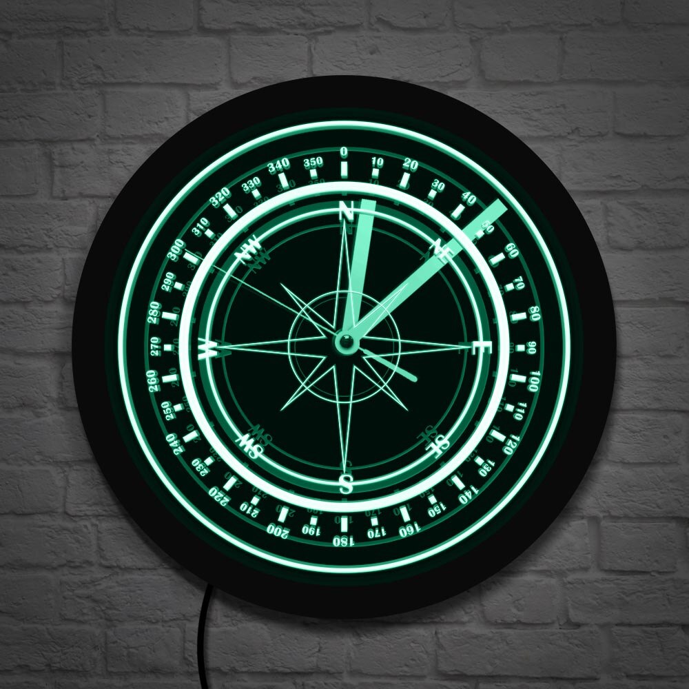 Reloj de pared de brújula náutica con retroiluminación LED, brújula rosa de viento, decoración del hogar, azul marino, luminoso, de Marina