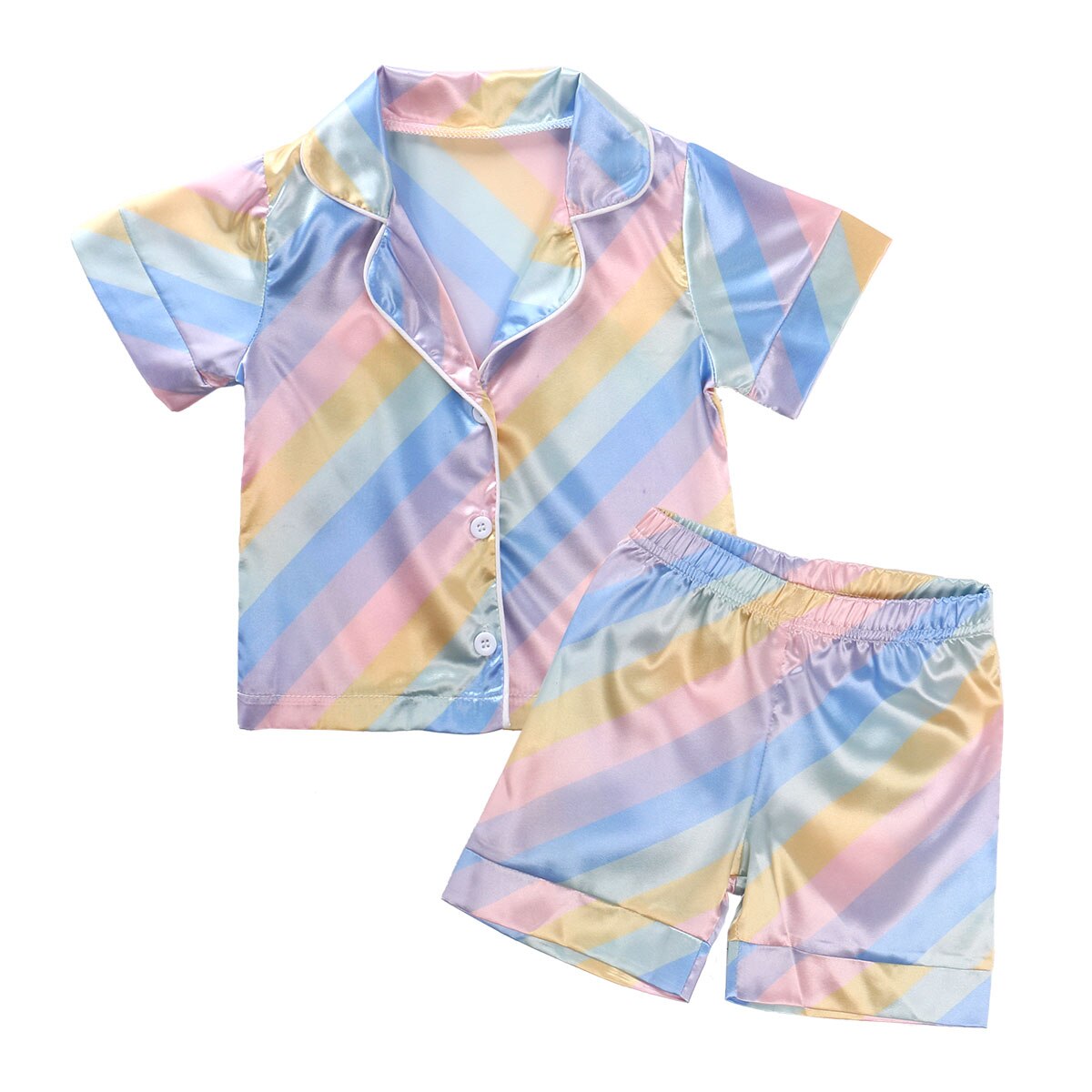 Zomer/Lente Herfst 1-7Y Kinderen Pyjama Sets Kleurrijke Regenboog Gestreepte Print Korte/Lange Mouwen Tops + Broek nachtkleding Nachtkleding: Short Sleeve / 7T