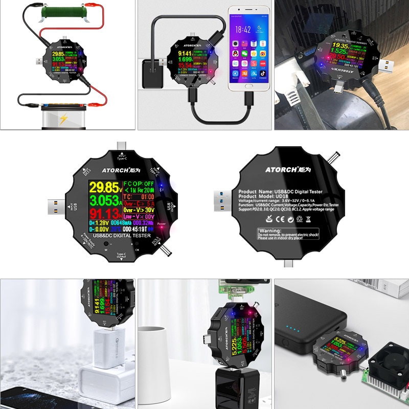 UD18 bluetooth Digital Voltmeter USB3.0/DC/Type-C 18 in 1 USB Tester APP DC Voltmeter Meter Ammeter HD Screen 6-Bit Display