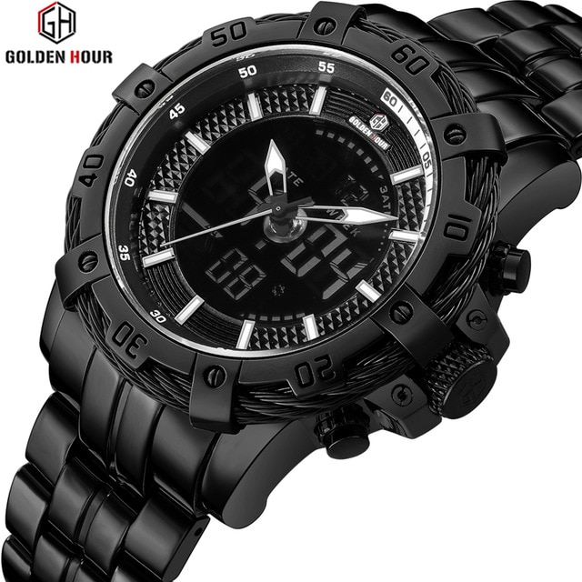 GOLDENHOUR-reloj analógico de acero inoxidable para hombre, accesorio de pulsera de cuarzo resistente al agua con doble pantalla, complemento Masculino de de lujo con clásico