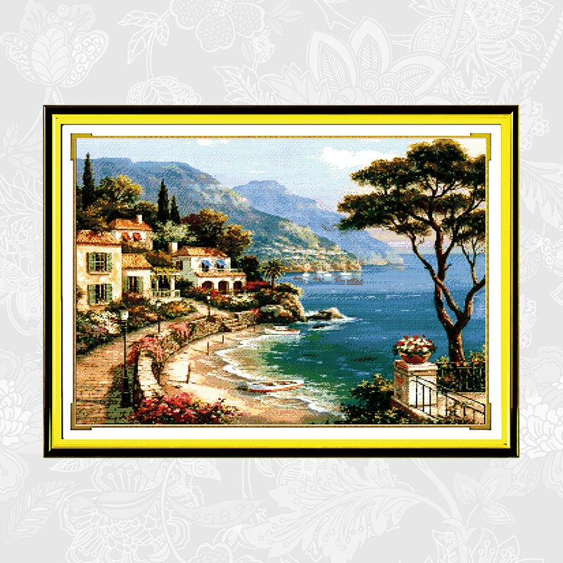 Kits de points de croix DMC | Toile imprimée comptée à motifs de paysage tranquille, bricolage broderie au point de croix