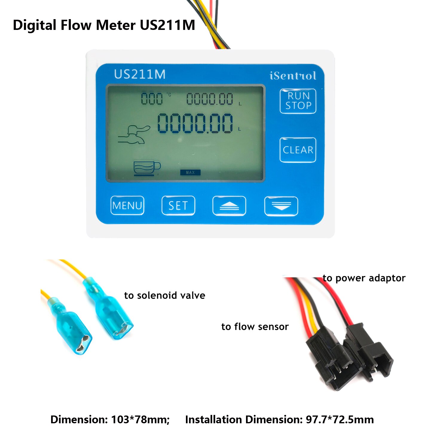 US211M Digital Flow Meter with NPT Thread Flow Sensor USS-HS21TI NPT1/2" DN15 1-30LPM Show Total Current Flow iSentrol: US211M Flow Meter