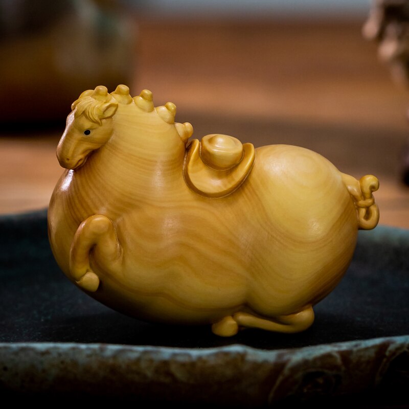Boxwood 8cm Fat Horse Sculpture Solid Wood Cartoon Statue Lucky Tang Dynasty Horse Animal Home Decor