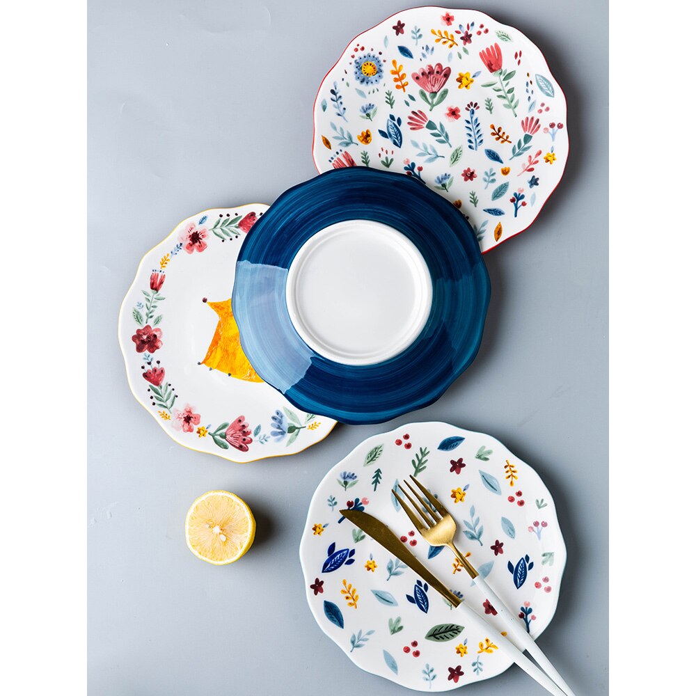 ceramic plate 8inch cute carton dishes and plates sets floral fox printed under glazed dinner plates round children dessert dish