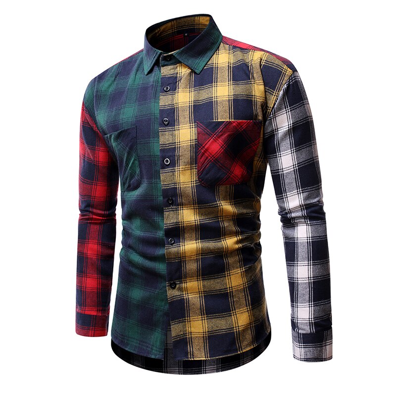 spring plaid patchwork shirts men dress good cotton mens shirts regular fit