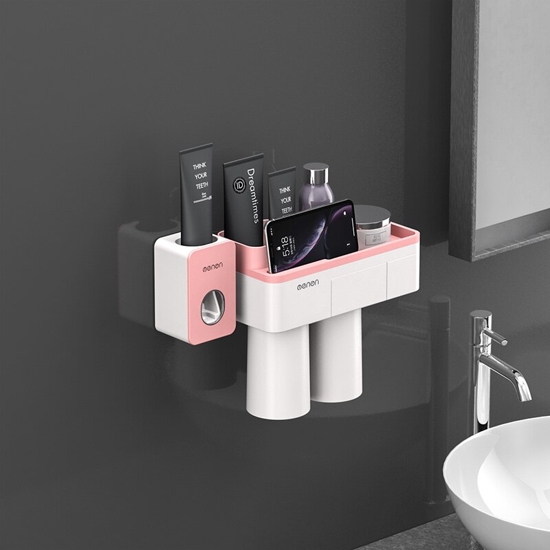 Toothbrush Holder Bathroom Accessories Toothpaste Squeezer Dispenser Storage Shelf Set For Bathroom Magnetic Adsorption With Cup: Pink 2 Cups Sets