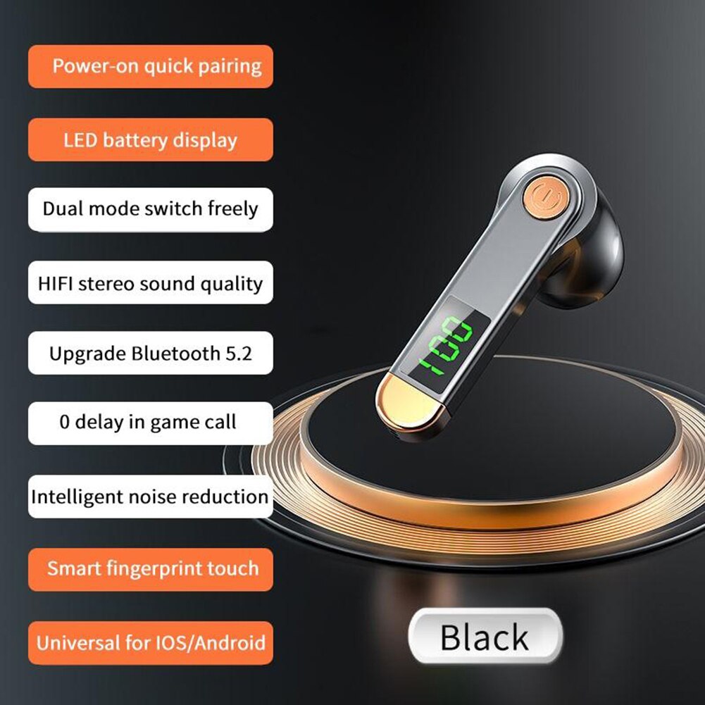 H01 kabellose 5.2 bluetooth-fähige business-ohrhörer mit digitalem display, hifi-bass und mikrofon: Schwarz