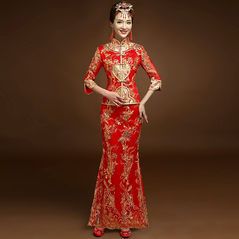 Rode traditionele Chinese stijl Bruid trouwjurken Borduren cheongsam gown robe Party avondjurk trouwen Qipao Vestido S-XXL