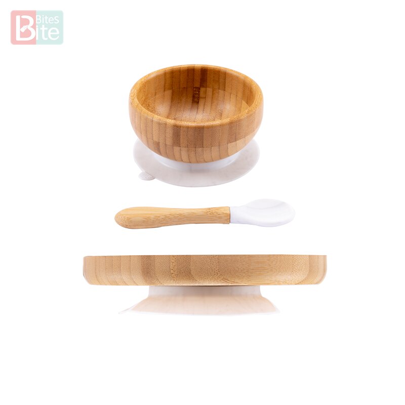 Bol en bambou d'alimentation pour bébé, cuillère anti-éclaboussures en Silicone assiettes à dîner pour bébé vaisselle pour nourrissons 3 pièces/ensemble: white