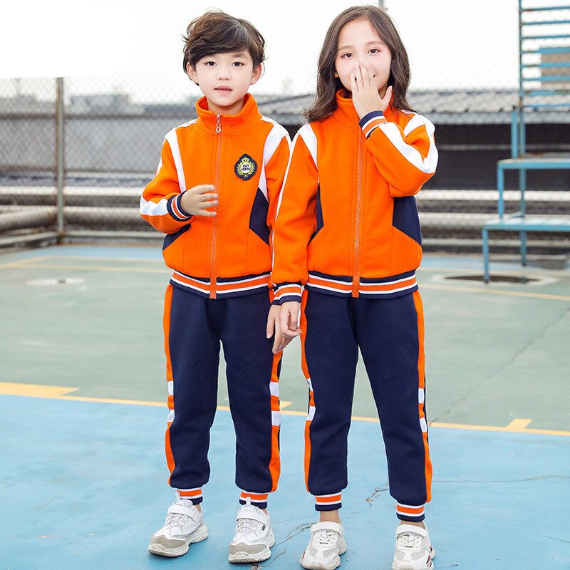 Uniforme Escolar de primaria para otoño e invierno, chaqueta gruesa naranja, pantalones azul marino, ropa deportiva para niños, traje para estudiantes de guardería