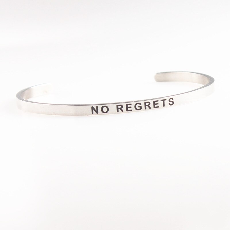 LOVE YOURSELF Stainless Steel Bracelets Bangles Engraved Open Cuff Mantra Bracelet Positive Inspirational Quotes Jewelry: NO REGRETS