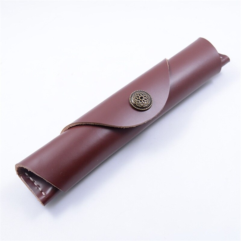 Leren Pennen Etui - Handgemaakt Drukknop - School Kantoor Retro: Roodbruin