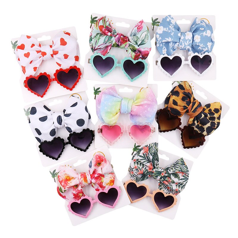 2Pcs/Set Dot Flower Leopard Print Baby Headband with Heart Sunglasses Kids Elastic Nylon Hair Band Girls Hair Accessories