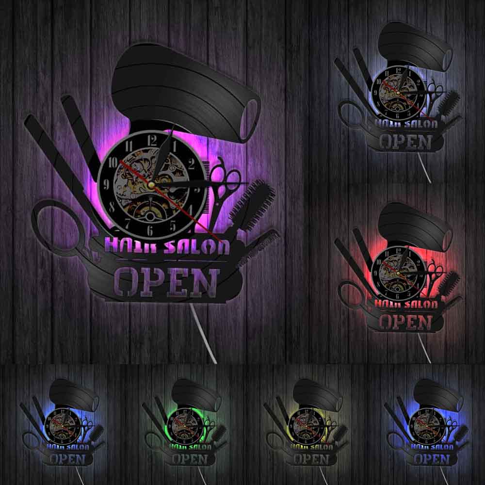 Hair Salon Open Vinyl Record Lamp Night Light Barber Shop LED Wall Clock Comb Scissors Hair Dryer Modern Slient Watch: With LED