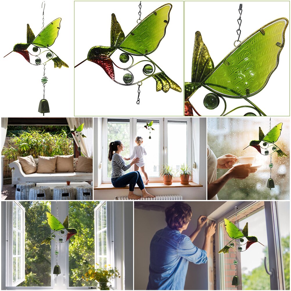 Hage gårdsplass dør hengende ornament klokke anheng glass kolibri innendørs stue håndverk vegg utendørs hage vindklokkeslett